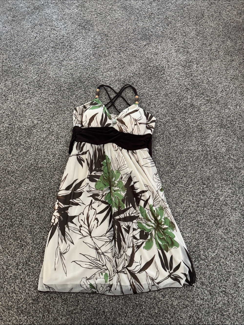 Strapless Floral Sundress in White, Green & Black with Crisscross Straps